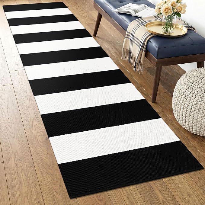 KOZYFLY Black and White Striped Runner Rug 2x4.3 ft Doormat Cotton Woven Washable Indoor Outdoor Rug Small Front Door Rugs for Entryway Porch Kitchen Patio Laundry Room