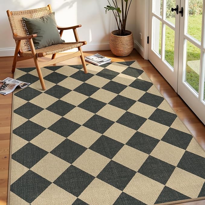 Lessymo Checkered 3x5 Outdoor Patio Rug, Washable Easy Jute for Entryway | Indoor Outdoor Living Room Carpet, Farmhouse Non Slip Door Mat for Backyard Bedroom, Stain Resistant, Diamond Black/Beige