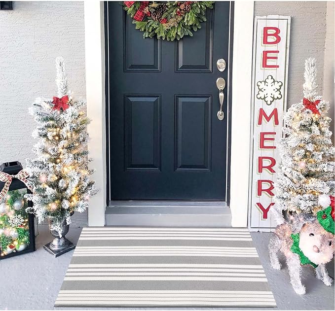 OJIA Front Door Mat Outdoor Doormat 24"x35" Gray White Striped Outdoor Rugs | Washable Front Door Rug Entry Rug Indoor Door Mat Outside Entrance Cotton Woven Small Area Rugs for Porch/Kitchen/Entryway
