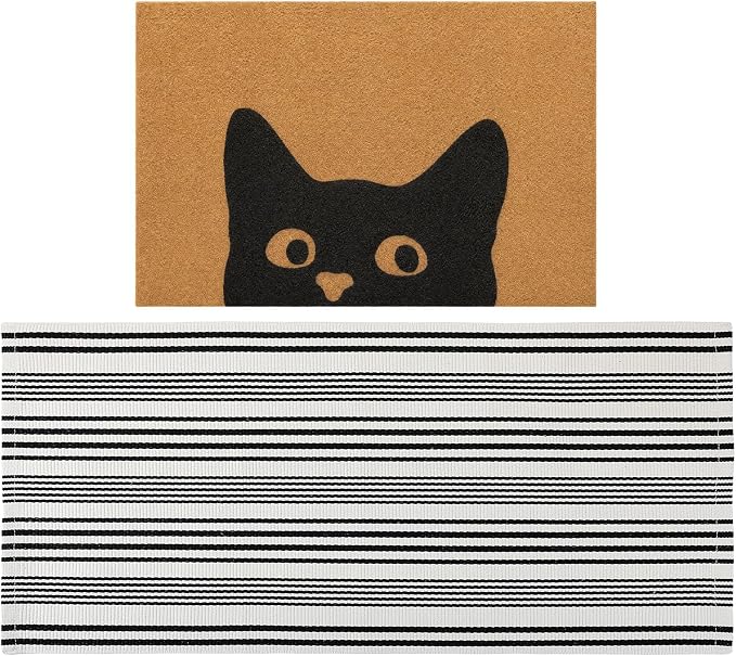 2 Pcs Outdoor Door Mat Combo Set Layered Outdoor Rug and Coir Welcome Doormat Non Slip Outside Floor Mat for Front Porch Entryway Patio Yard Decor(Cat,24'' X 51',18'' X 28'')