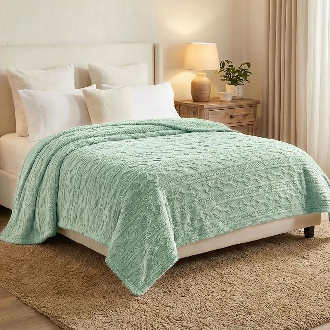 SUPERIOR Fleece Boho Jacquard Blanket, Decorative Blankets for Bedroom, Sofa, Fuzzy, Plush, Fluffy, Soft, Cute Room Decor, Beautiful Cover, Comfort Essentials, Arctic Collection, King, Sea Foam
