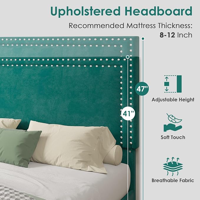 VECELO Full Size Platform Bed Frame with Height Adjustable Upholstered Headboard, Modern Mattress Foundation,Strong Wood Slat Support, No Box Spring Needed, Easy Assembly,Dark Green