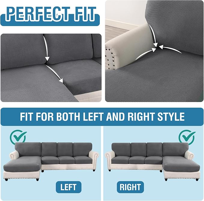 H.VERSAILTEX Sectional Couch Covers 8 Pieces Stretch Sofa Covers for Sectional Sofa Set Separate L Shaped Couch Cover for Both Left/Right Couch (Seat and Back: 1 Chaise + 3 Sofa, Grey)