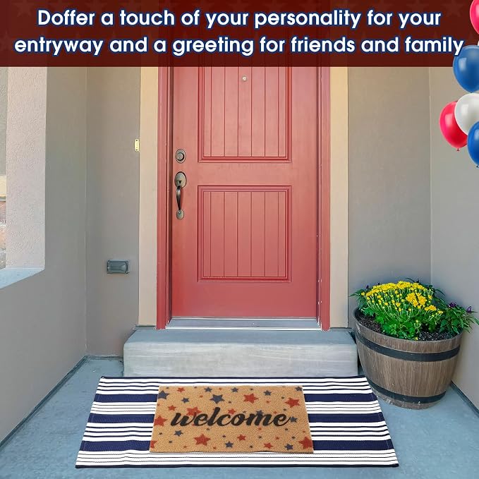 2 Pcs 4th of July Doormat 24'' x 51'' Patriotic Outdoor Rug and 18'' x 28'' Red Blue Star Coir Doormat Welcome Mat Independence Day Non Slip Floor Mat for Entrance Front Porch