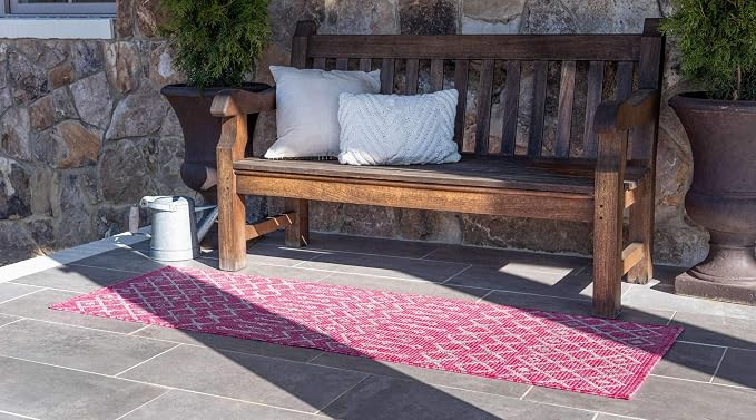 Unique Loom Outdoor Trellis Collection Area Rug - Tribal Trellis (2' x 6' 1" Runner, Fuschia/ Gray)