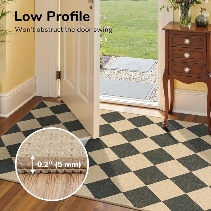 Lessymo Checkered Outdoor Rugs 6x9, Washable Easy Jute Patio Rug | Indoor Living Room Farmhouse Rugs, Geometric Non Slip Black Carpet for Bedroom Backyard Dining Room, Diamond Black/Beige