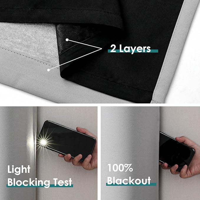 ChrisDowa 100% Blackout Curtains for Bedroom with Black Liner, 2 Thick Layers Total Blackout Thermal Insulated Grommet Small Window Curtains 45 Inch Length 2 Panels Set (Light Grey, 42 x 45 Inch)