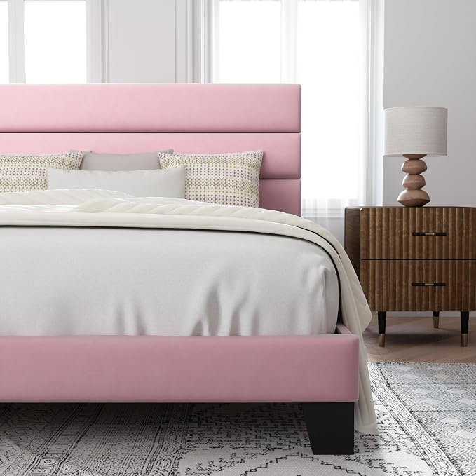Allewie Full Size Platform Bed Frame with Velvet Upholstered Headboard Pink | Wooden Slats Support, Fully Upholstered Mattress Foundation, No Box Spring Needed, Easy Assembly, Noise-Free, Pink