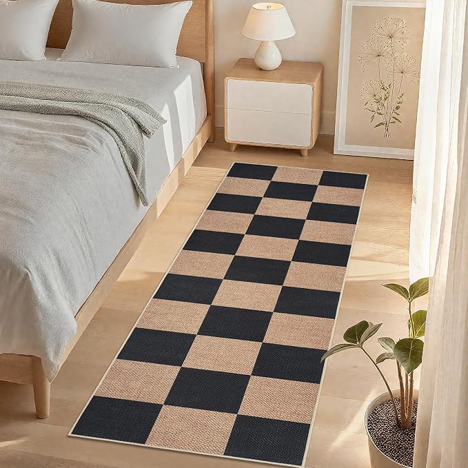 COZYLOOM 2x6 Bathroom Runner Rug Machine Washable Area Rugs for Entryway Modern Checkered Jute Rug with Non Slip Backing, Stain Resistant Foldable Geometric Mats for Kitchen, Brown