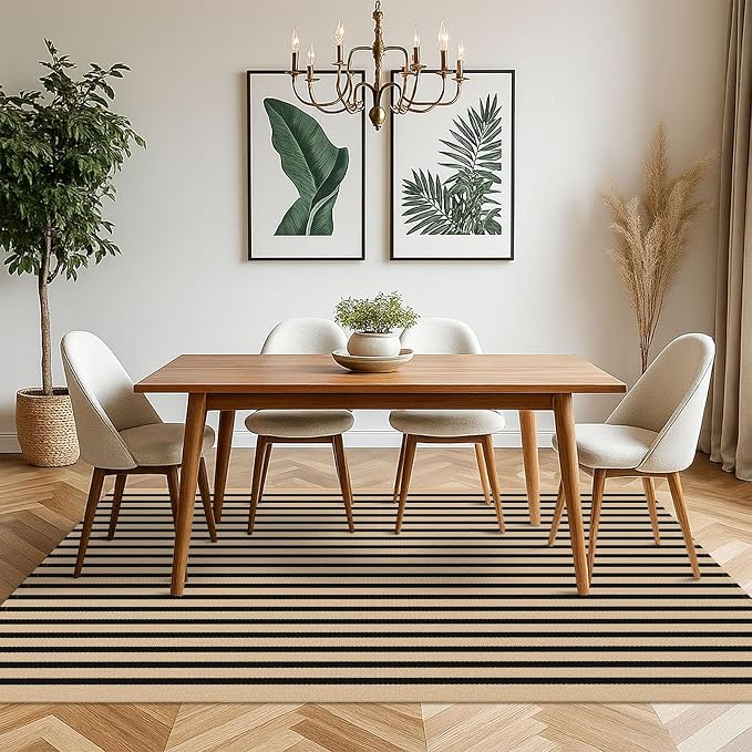 KOZYFLY 5x7 Ft Area Rug Striped Outdoor Rug Brown and Black Washable Indoor Outdoor Rug Cotton Outdoor Patio Rugs Farmhouse Rugs for Living Room Carpet for Patio Dining Room Bedroom