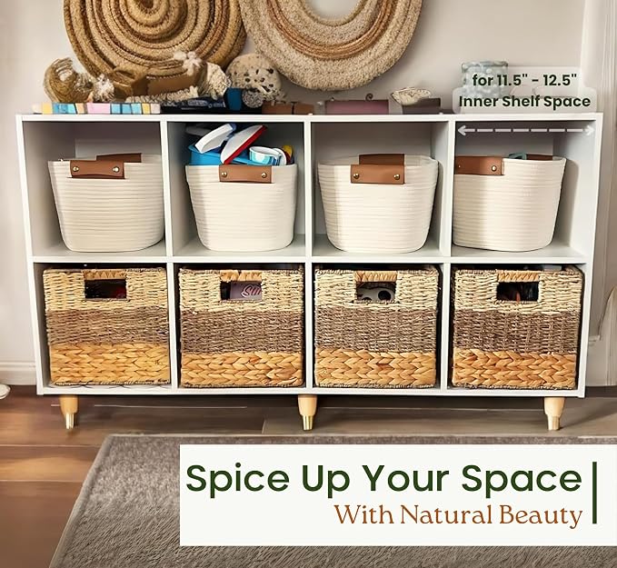 CHI AN HOME 11x11 Wicker Storage Cubes Storage Baskets For Shelves Set 4 | 10.5 x 10.5 Water Hyacinth Storage Baskets Woven With Seagrass, Palm Leaf. Foldable Square Baskets With Carry Handles