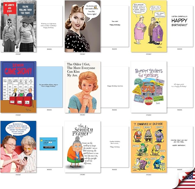 NobleWorks, 36 Assorted Box Set Funny Birthday Greeting Cards w/ 5 x 7 Inch Envelopes for Men and Women (36 Designs, 1 Each) Bday Getting Old AC10798BDG-B1x36