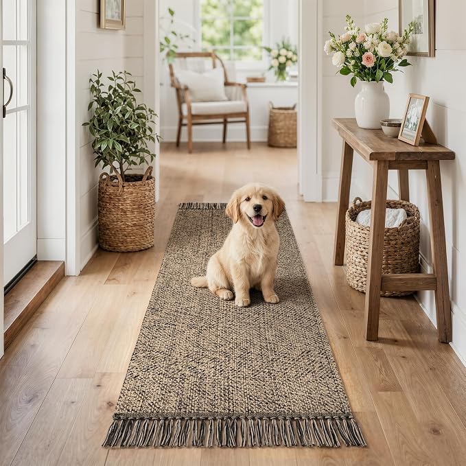 Collive Bathroom Runner Rug, 2' x 5' Modern Farmhouse Kitchen Runner Rug Boho Hand-Woven Entryway Rugs Runners for Hallway, Natural/Black Washable Laundry Carpet Indoor Front Door Mats for Bedroom