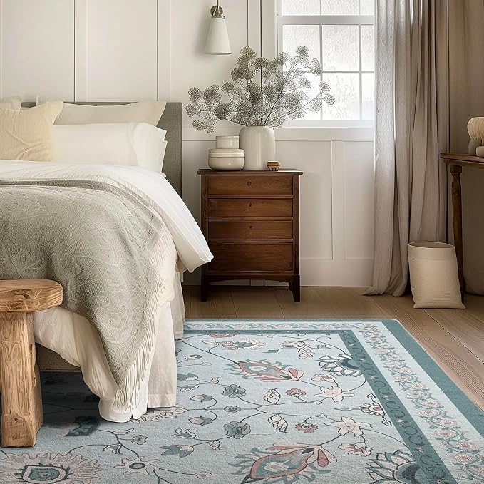 EVERGRACE Area Rugs for Living Room 8x10, Boho Floral Faux Wool Indoor Outdoor Rugs, Washable Rugs for Bedroom Dining Room Entryway Kitchen, Low Pile Floor Mat Carpet for Home Decor, Pale Blue