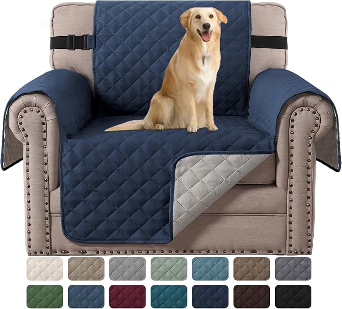 H.VERSAILTEX Reversible Chair Cover for Dogs Pet Water Repellent Sofa Cover Chair Slipcover 2" Thick Strap Slip-Resistant Chair Protector Soft Quilted Seat Width Up to 21"(Armchair, Navy/Beige)