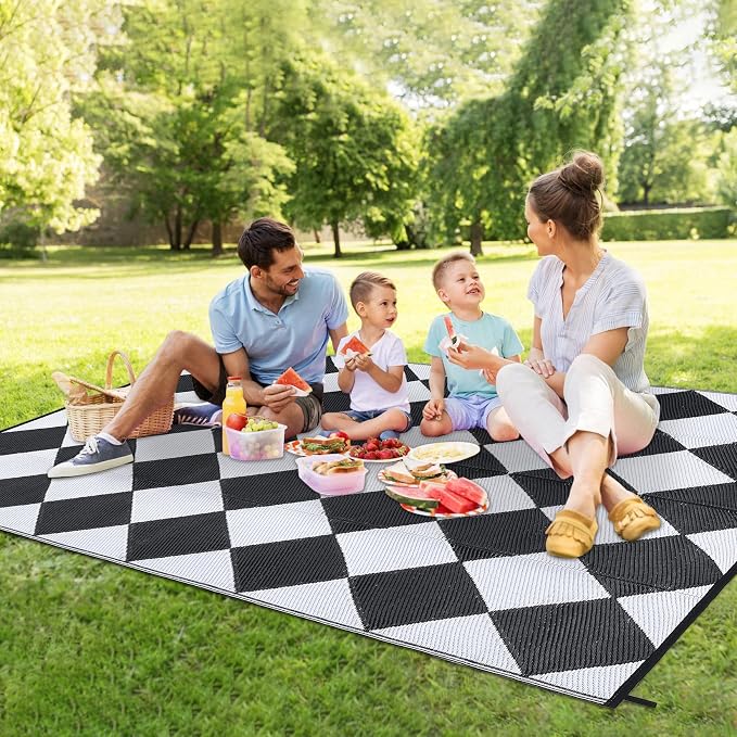 GarveeLife 9x18 Outdoor Rug for Patio Reversible, Plastic Straw Rug Waterproof Camping Rug Portable, Foldable Lightweight Mat for RV, Patio, Backyard, Deck, Picnic, Beach, Balcony (Black/White)