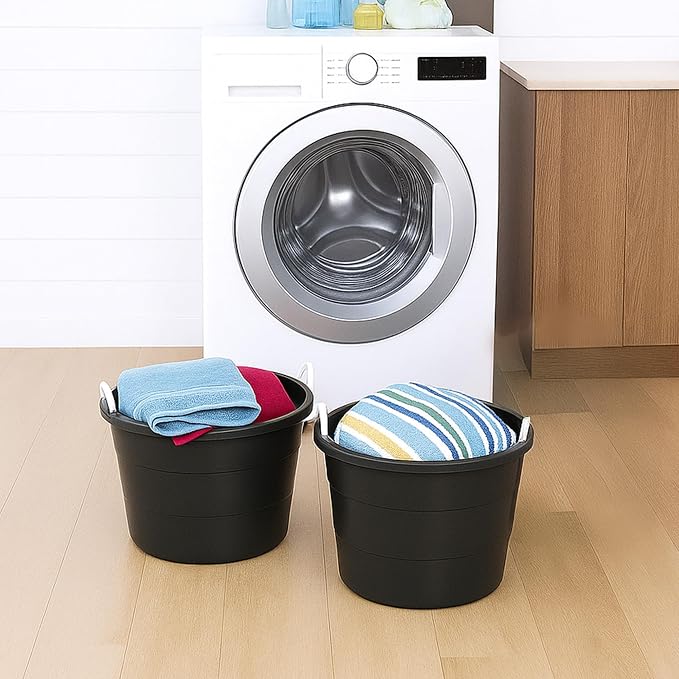 Homz 2 Pack of 17 Gallon Storage Buckets, Durable Plastic Containers, Sturdy Rope Handles, Large Tubs for Sports Equipment, Party Cooler, Gardening, Toys and Laundry, Black