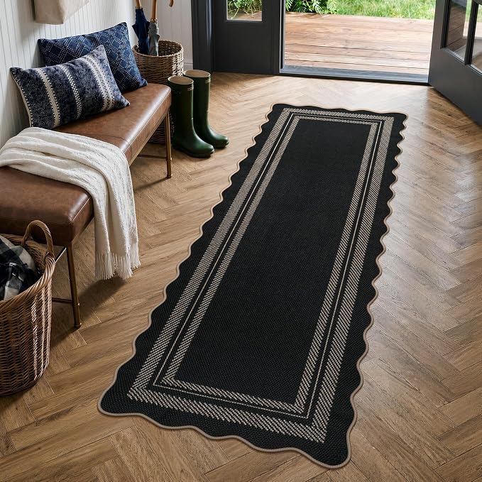 LIVEBOX Scalloped 2x6 Kitchen Runner Rug, Easy Jute Black Rugs for Entryway Hallway, Indoor Outdoor Washable Non Slip Rug Farmhouse Modern Carpet Door Mat for Porch Bedroom Laundry Room 6ft Entry