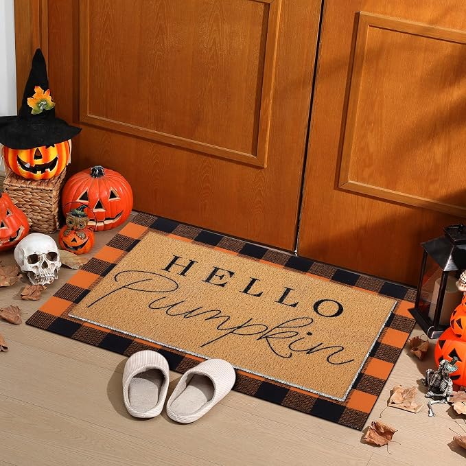 Tinideya 2 Pcs Fall Layering Door Mat Sets, Hello Pumpkin Coir Mats with Black Orange Rug for Autumn Thanksgiving Front Porch Entryway Decor