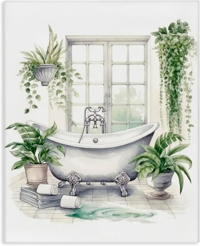 Lush Greenery Bathtub Window, 30 x 40 Inch Canvas Wall Art | Stupell Industries · By Lettered and Lined · Ready to hang · Serene bathroom accent · Made in USA
