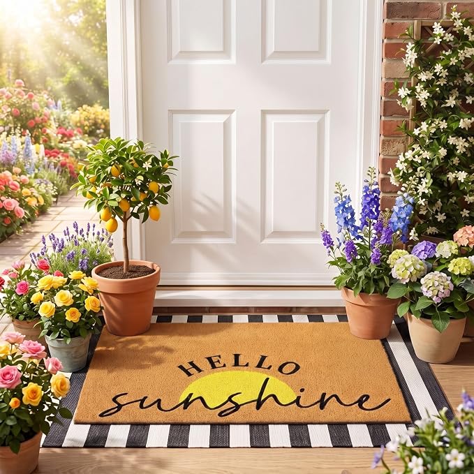 Tinideya 2 Pcs Summer Sunshine Door Mat Yellow Welcome Non Slip Coir Mats Stripe Floor Layering Doormats Seasonal for Front Porch Entryway Decor(Sunshine)