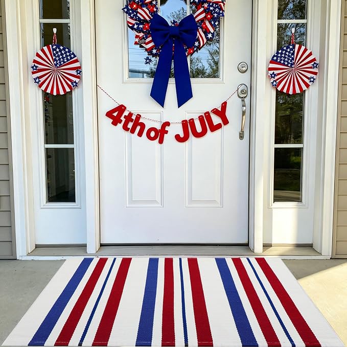 USA 250th Anniversary Patriotic Doormat, 2'4" x 3'7" Red White and Blue Striped Outdoor Rug, Washable Farmhouse Front Porch Welcome Mat for Memorial Day, 4th of July, and Independence Day Decor