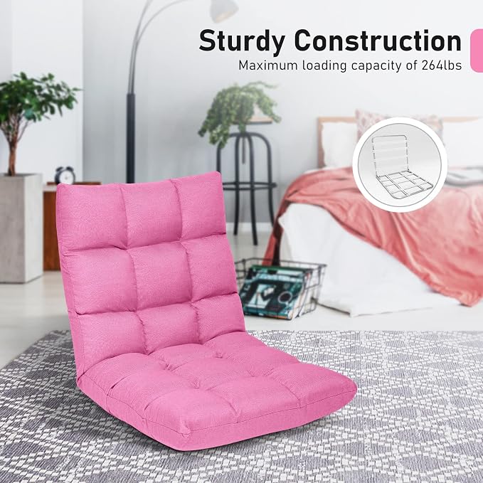 COSTWAY Floor Chair, Folding Gaming Chair with Back Support (Pink) | 14 Adjustable Positions, Alloy Steel Frame, Lazy Sofa Lounge for Playing Reading Meditating Room Recliner for Adults, Kids