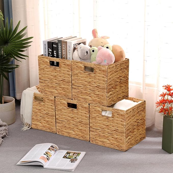 11x11in Wicker Storage Baskets Set of 5 Collapsible Water Hyacinth Basket | for Organizing,Handwoven Woven Bins for Bedroom,Living Room,Shelves - Natural