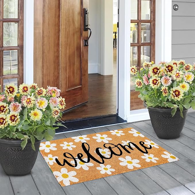 JarThenaAMCS Spring Flower Welcome Doormat Daisy Natural Coir Door Mat Non-Slip Floral Entrance Door Rugs for Indoor Outdoor Home Bathroom Decor, 16.5 x 29 Inch