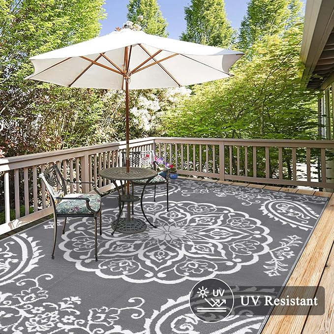 Pauwer Outdoor Rug 6x9, Waterproof Plastic Straw Camping Rug, Boho Grey | Reversible Patio Rug, UV Resistant Indoor Outdoor RV Mat Carpet For Deck, Camper, Porch, Balcony, Backyard, Picnic, Foldable