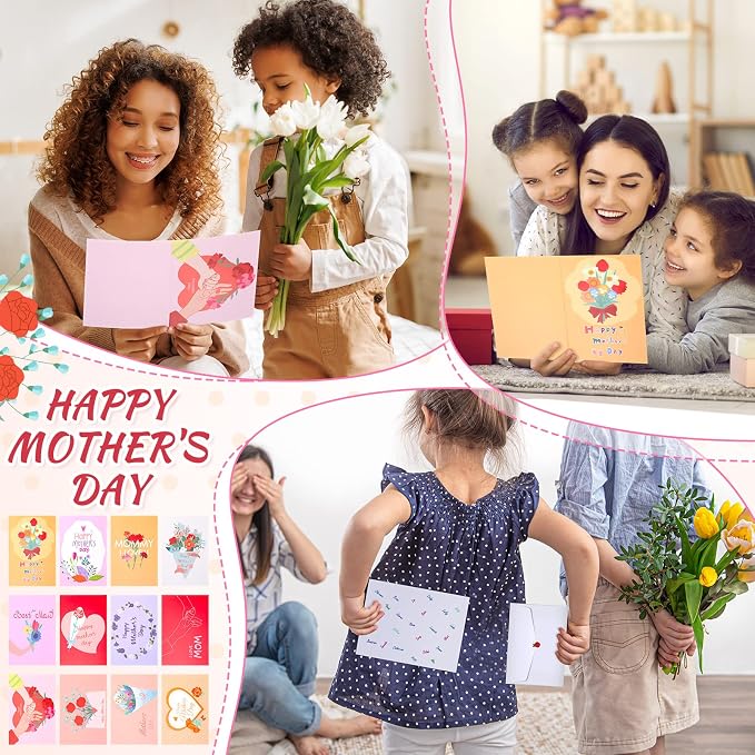 Fuutreo 180 Pack Mother's Day Cards Bulk Assortment with 180 Envelopes and 180 Cute Stickers Floral Mother's Day Greeting Cards Blank Inside for Birthday Supplies, 4 x 6 Inch, 12designs
