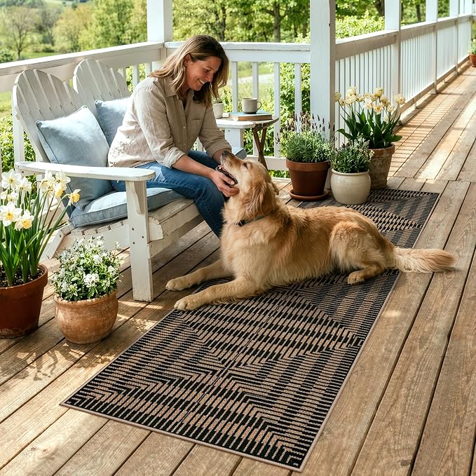 LIVEBOX Easy Jute Indoor Outdoor Runner Rug 2x6, Washable Runners for Hallways Non Slip, Farmhouse Geometric Striped Rugs for Kitchen, Entryway (Black)