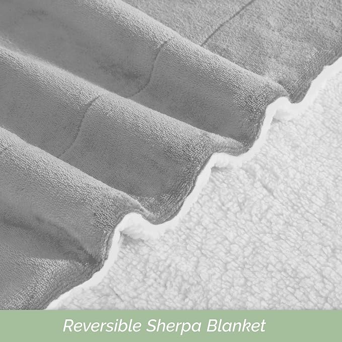 Elegant Comfort Ultra Soft Reversible Flannel Sherpa Blanket - Cozy Silky Fleece Throw for Couch, Bed - Plush Fuzzy Warm Winter Blanket for Gift, Queen, Silver Grey