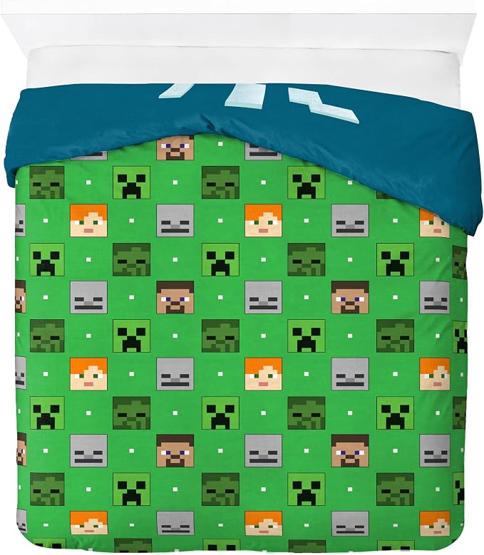 Jay Franco Duvet Cover Set – 3 Piece Comforter Cover and Sham Set, Super Soft Cozy Kids Bedding (Insert Not Included) Blue - Minecraft, Queen