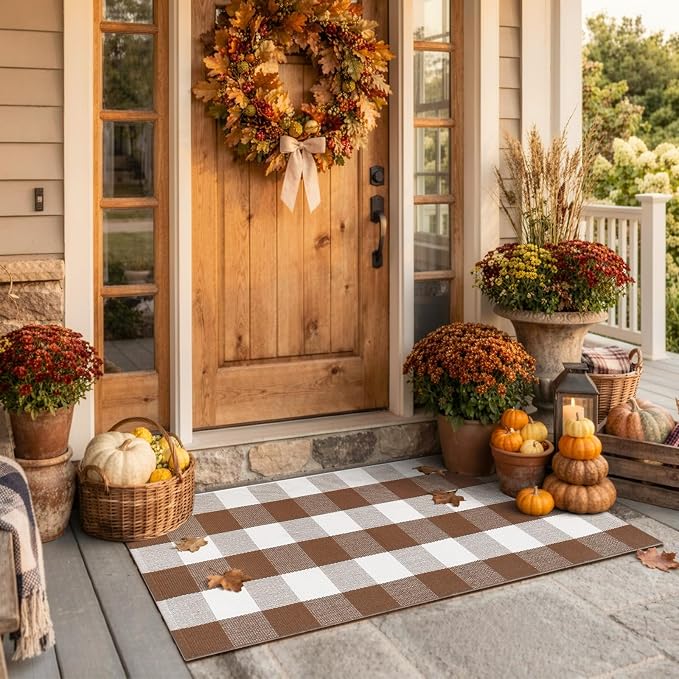 Uphome Bufflo Plaid Outdoor Rug 2'x4.3', Fall Decor Checkered Front Door Mat, Indoor Outdoor Farmhouse Cotton Porch Rug for Layered Door Mats, Washable Brown Carpet Runner for Patio Entryway
