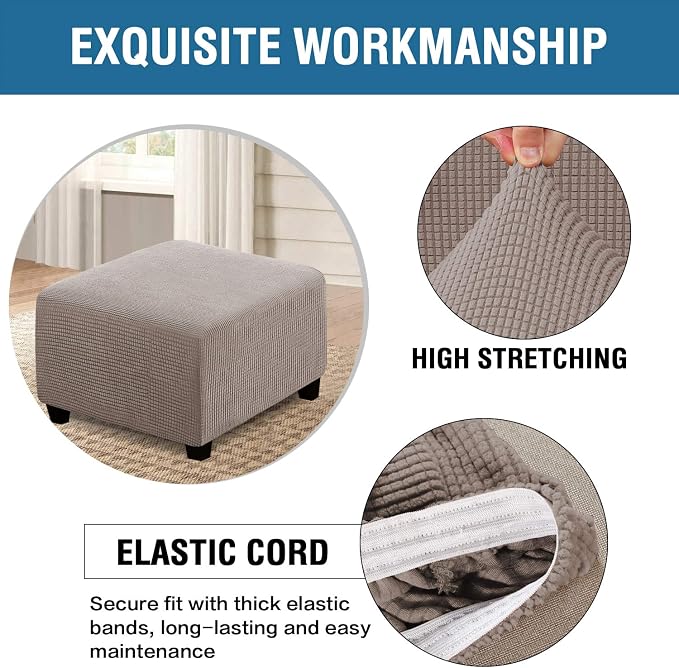 H.VERSAILTEX Square Ottoman Covers Ottoman Slipcovers Folding Storage Stool Furniture Protector Form Fit with Elastic Bottom, Stretch High Spandex Small Checks Jacquard Fabric(Large,Taupe)