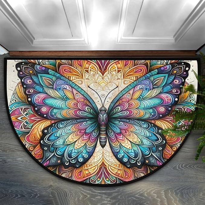 Colorful Butterfly Boho Half Round Mat Half Moon Door Rug Washable Durable Semi Circle Carpet Floor mats for Indoor Outdoor Bathroom Kitchen Patio Hearth Rug Laundry Room Home Decoration