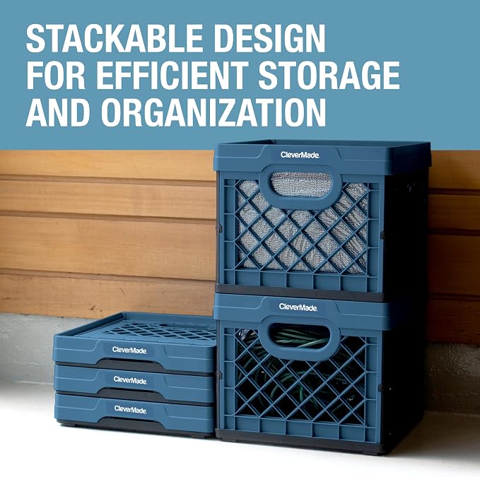 CleverMade Collapsible Milk Crate, 25L, 3 Pack, Ocean | Built-in rails hold letter-size hanging files. Interlocking crates stack open or folded and carry up to 50 lb each.