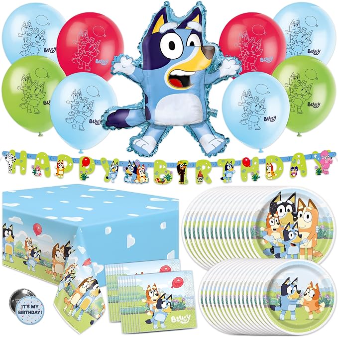 Bluey Birthday Decorations and Party Supplies with Balloons and Tablecloth | Officially Licensed Bluey Party Decorations - Banner, Tablecloth, Foil and Latex Balloons, Plates and Napkins for 16