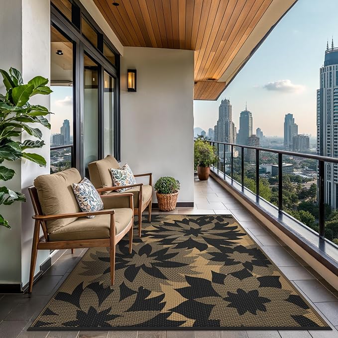 GENIMO Outdoor Rug, Waterproof Plastic Rugs for Patio, 6'x9' Raven Brown | Outside Larger Leaf Carpet Mat for Porch Decor, Deck, Balcony, Camping, RV, Backyard, Picnic, Beach, Reversible, Foldable