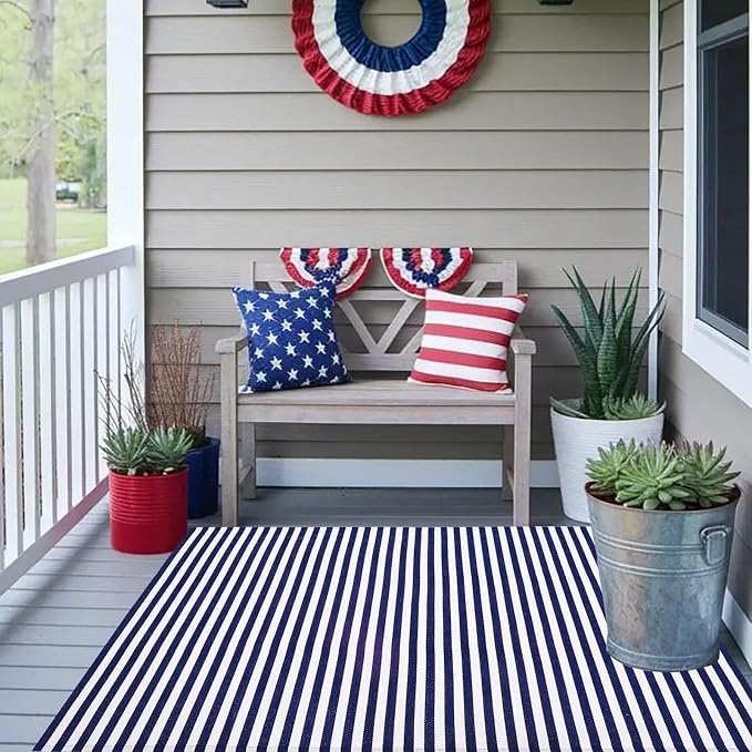 CAINANEL Blue and White Striped Rug 4th of July Door Mat 4' x 6' Summer Front Porch Rug Independence Day Welcome Doormats for Farmhouse Entrance Porch Outdoors Decor (Blue and White, 4' x 6')