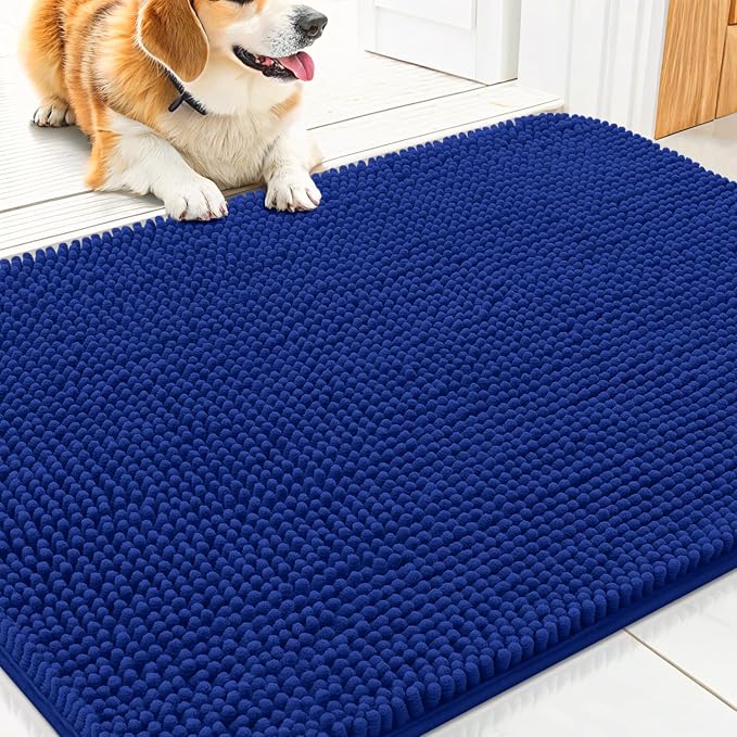 Smiry Dog Door Mat for Muddy Paws 30x20, Absorbent Dirt Trapper, Non-Slip Washable Chenille Entryway Rug for Inside Floor, Royal Blue, Classic Solid