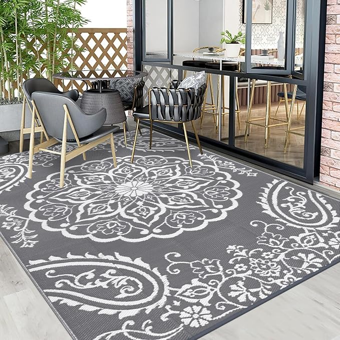 Pauwer Outdoor Rug 6x9, Waterproof Plastic Straw Camping Rug, Boho Grey | Reversible Patio Rug, UV Resistant Indoor Outdoor RV Mat Carpet For Deck, Camper, Porch, Balcony, Backyard, Picnic, Foldable