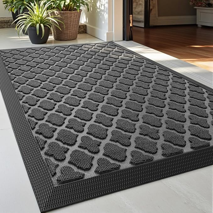 DEXI Front Door Mat Outside Entrance, 17x30 Heavy Duty Entry Doormat Dirt Trapper with Rubber Back, Non Slip Low Profile Floor Mats for Entryway Exterior Patio, Floral Black