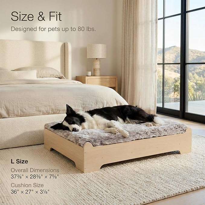Elevated Wooden Dog Bed with Foam Mattress, Natural Wood, Large | Raised Dog Bed with Washable Cover and Supportive Foam Mattress, Crafted for Large Dogs and Modern Homes