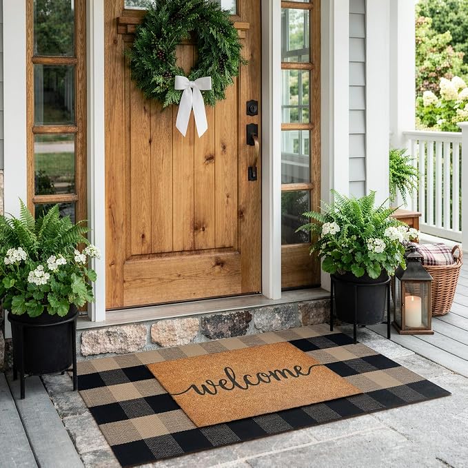 Uphome Bufflo Plaid Outdoor Rug 2'x4.3', Black Natural Checkered Front Door Mat for Fall Decor, Indoor Outdoor Farmhouse Cotton Porch Rug for Layered Door Mats, Washable Carpet Runner for Entryway