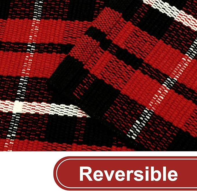 KIMODE Christmas Door Mat Outdoor 24"X51",Red/Black Buffalo Plaid Rug,Washable Cotton Hand-Woven Layered Door Mats,Reversible Outdoor Christmas Decor for Front Porch,Entryway,Kitchen
