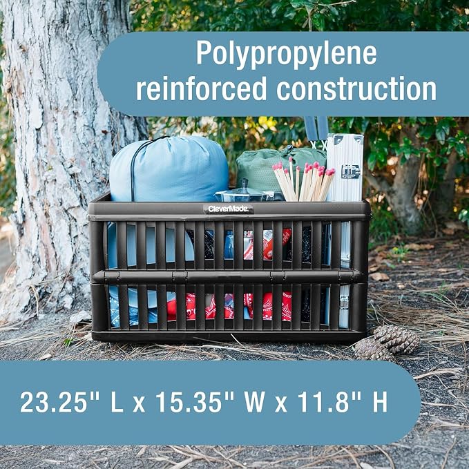 CleverMade Collapsible Utility Crates, 60L, 3 Pack, Obsidian | Each crate carries 66 lb with reinforced base bracing. Stack up to 3 high, then fold to 2.75 inches for shelf storage.
