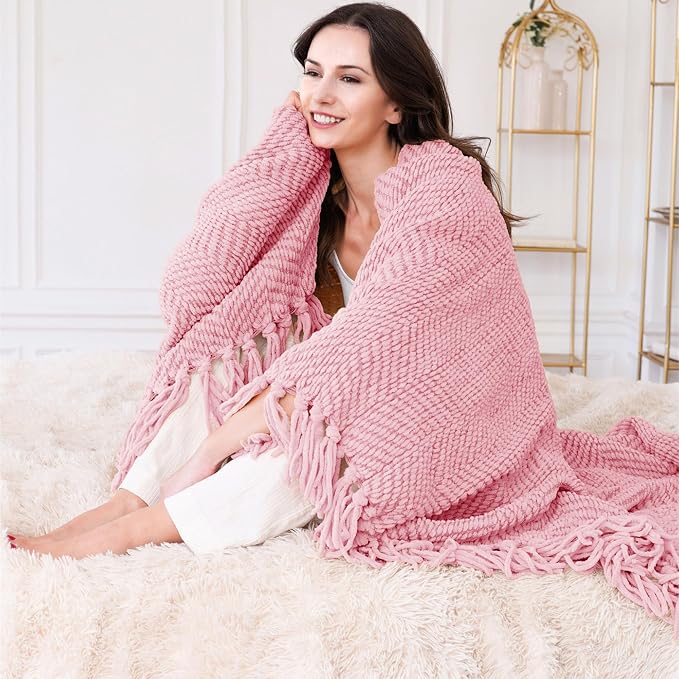 Home Soft Things Pink Throw Blanket Knitted Tweed Throw 60'' x 80'', Candy Pink, Super Soft Cozy Warm Comfortable Breathable Throw for Living Room Chair Couch Bed Sofa Bedroom Décor