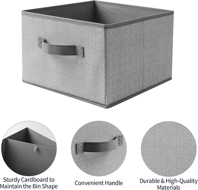 Storage Baskets, 11-Inch Woven Fabric Bins, Storage Cubes with Reinforced Handles, Organizer Bins for Closet Shelves, Foldable, for Toys, Clothes (4PCS/Grey-11*11*7.8inch)